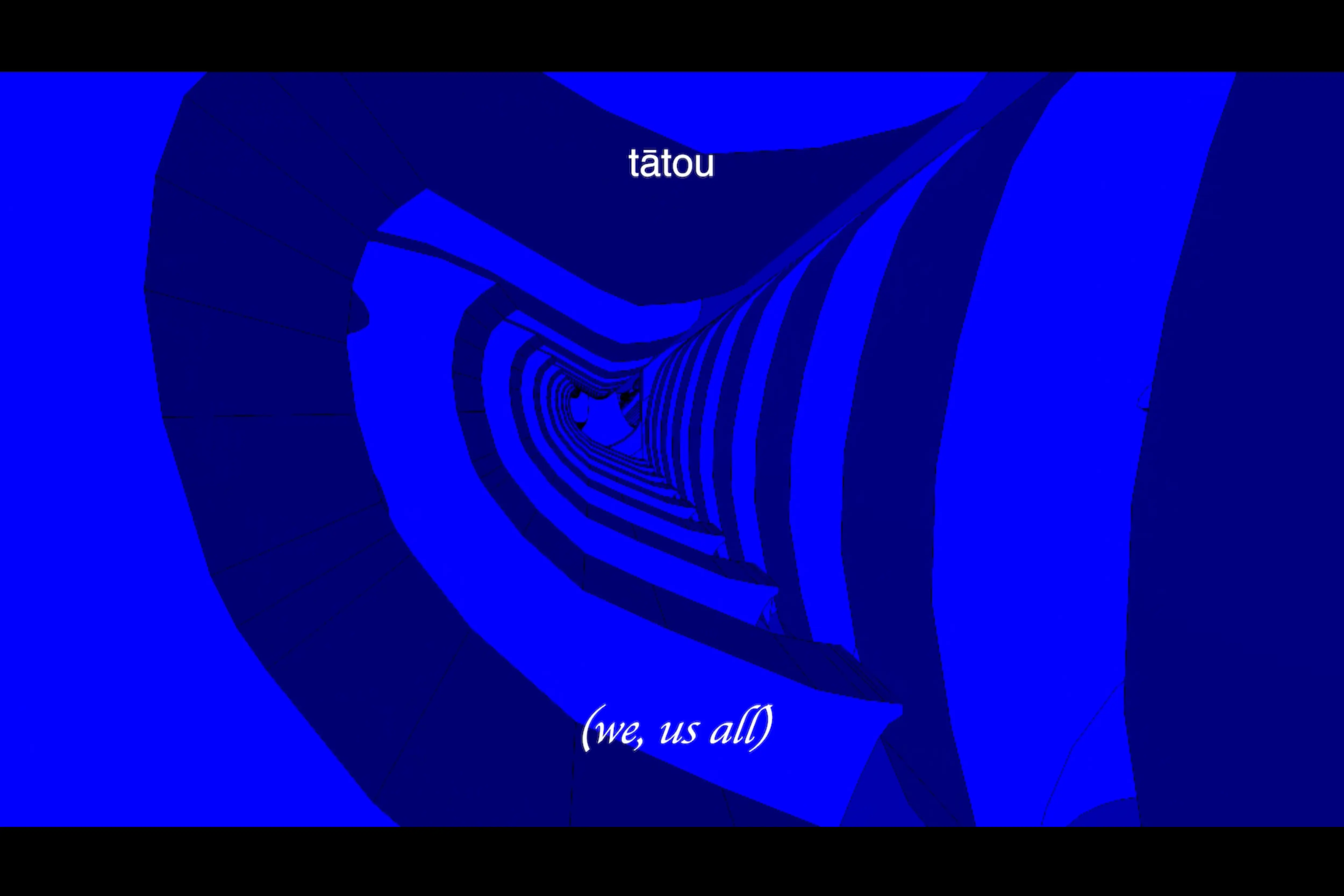 Against a blue background of repeating rows of giant, geometric waves white text reads: tātou. we, us all.