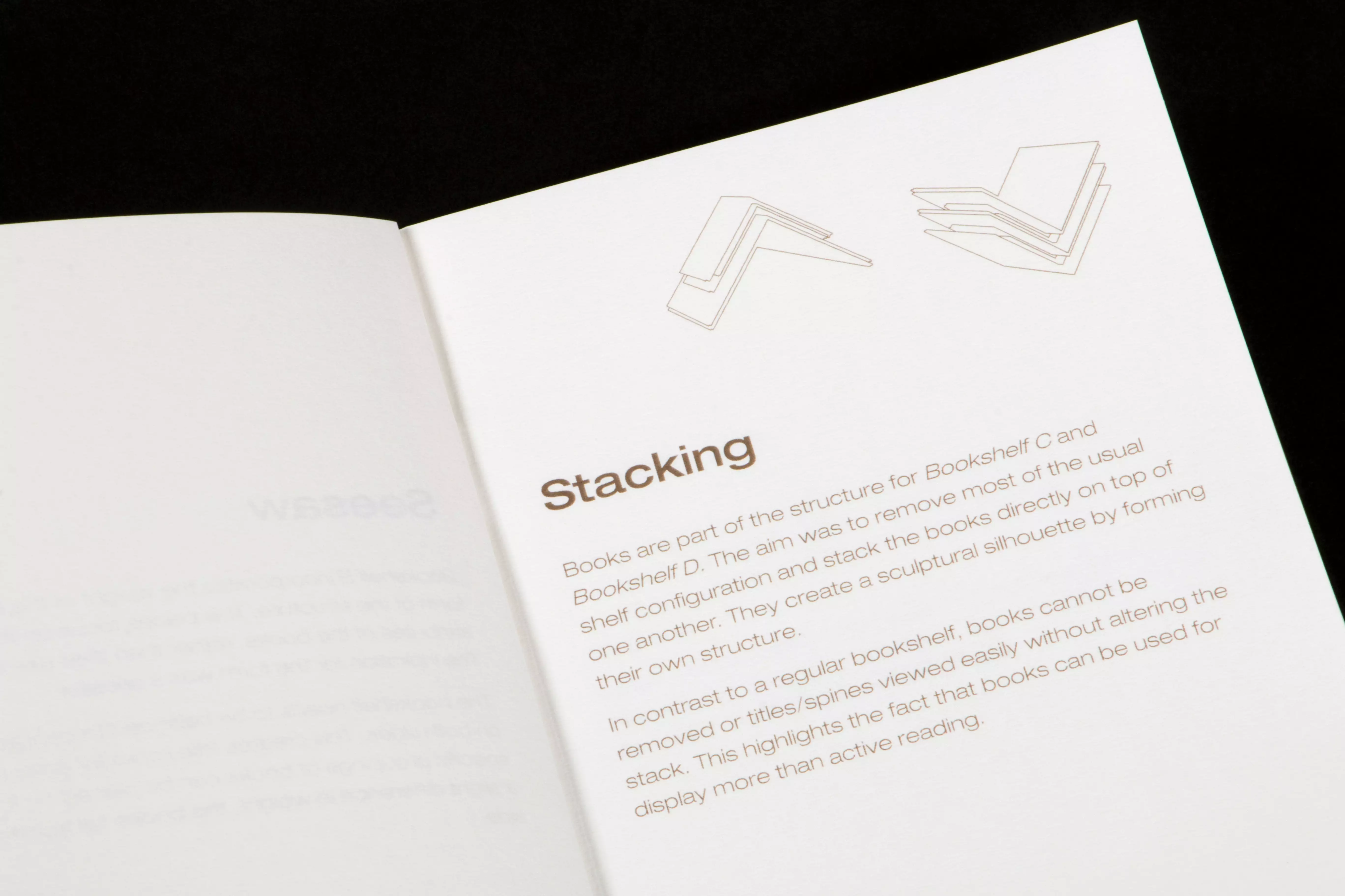 A detail shot of a spread from the accompanying catalogue depicting the research behind two of the bookshelf forms.