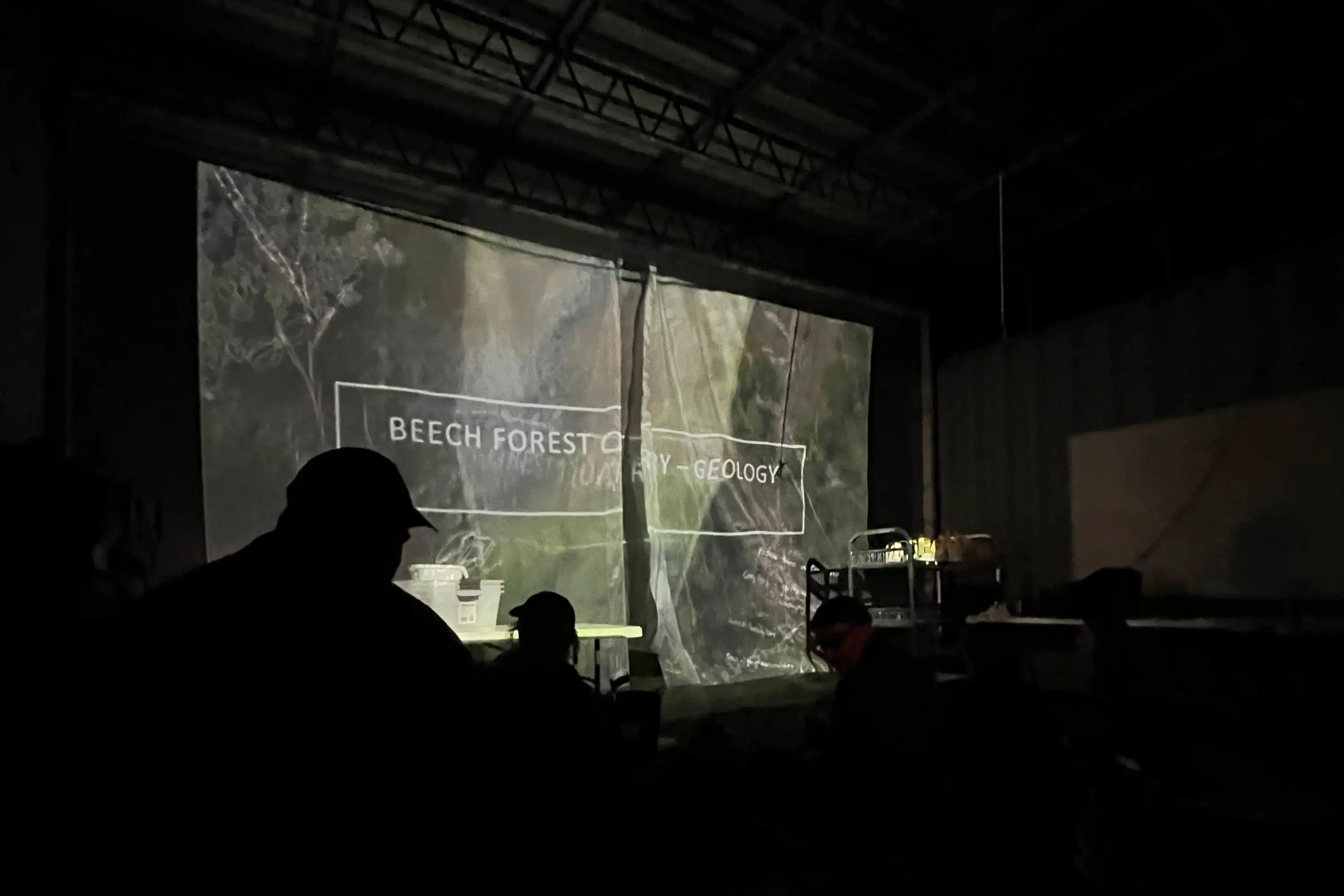 A presentation is projected onto partially transparent sheets with text that reads 'Beech Forest Quarry — Geology'.