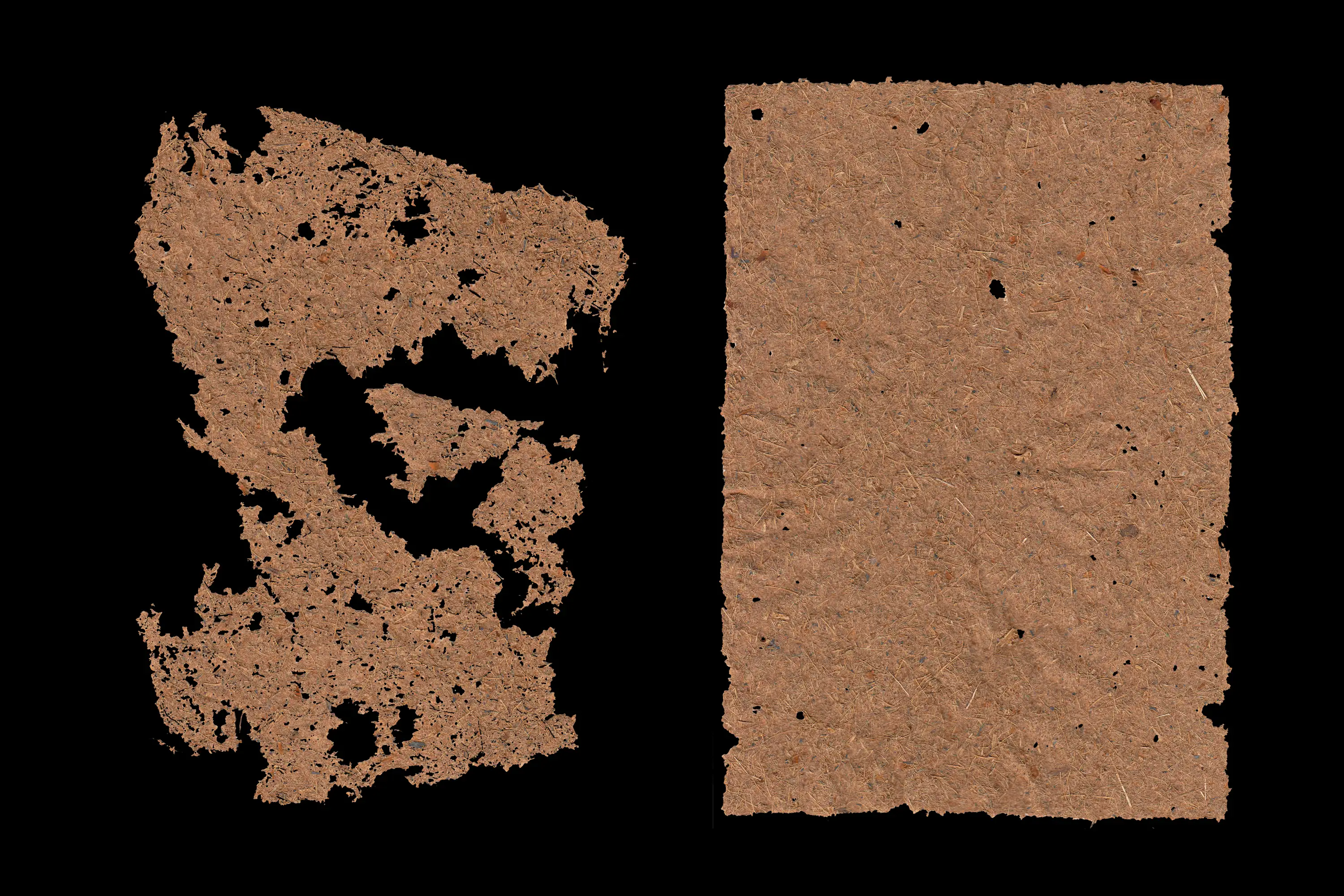 Two attempts of plant debris paper. The right is mostly intact but the left is smaller, an unusual shape and in bits.