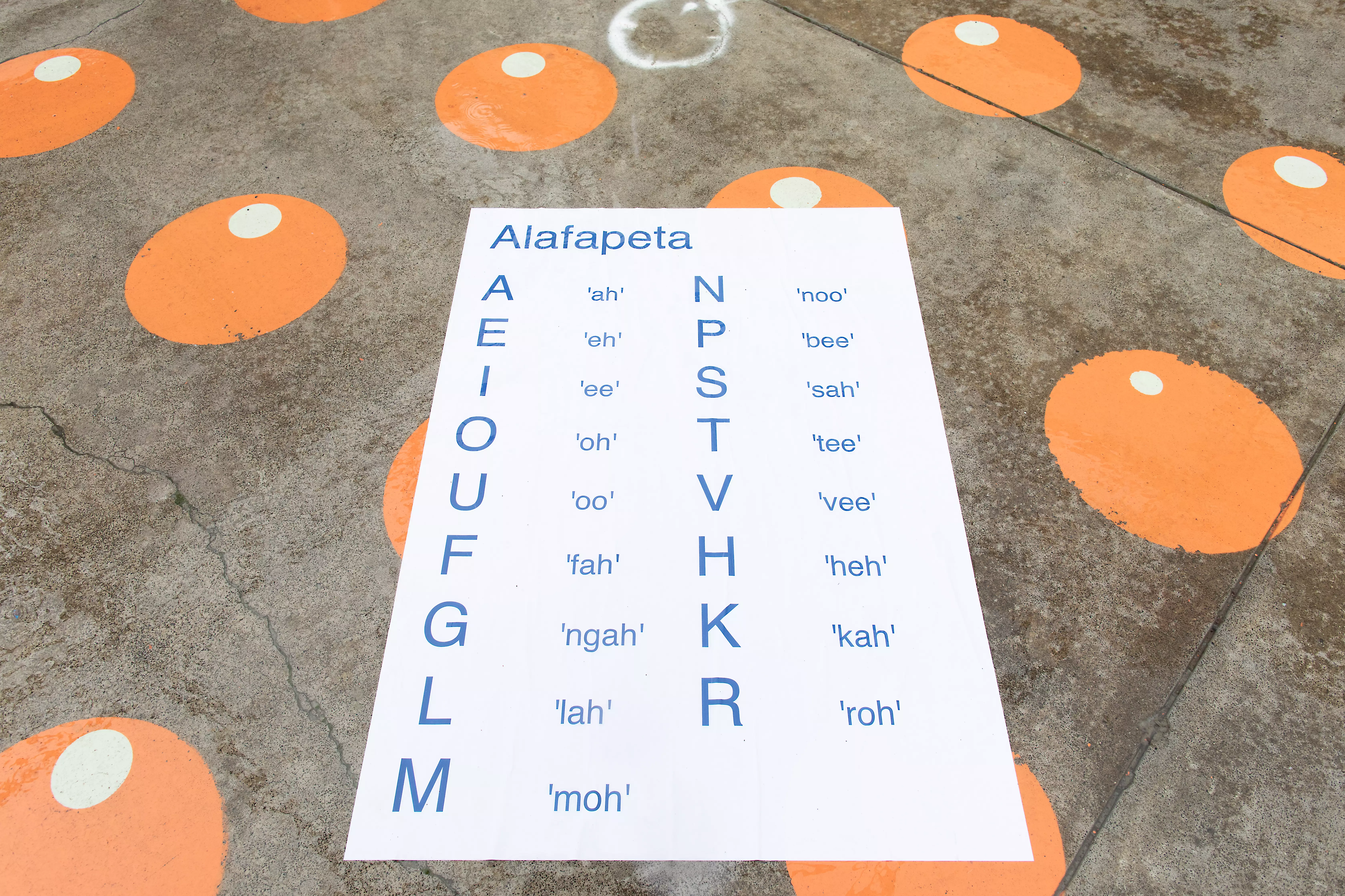 An installed poster depicting the Samoan alphabet.
