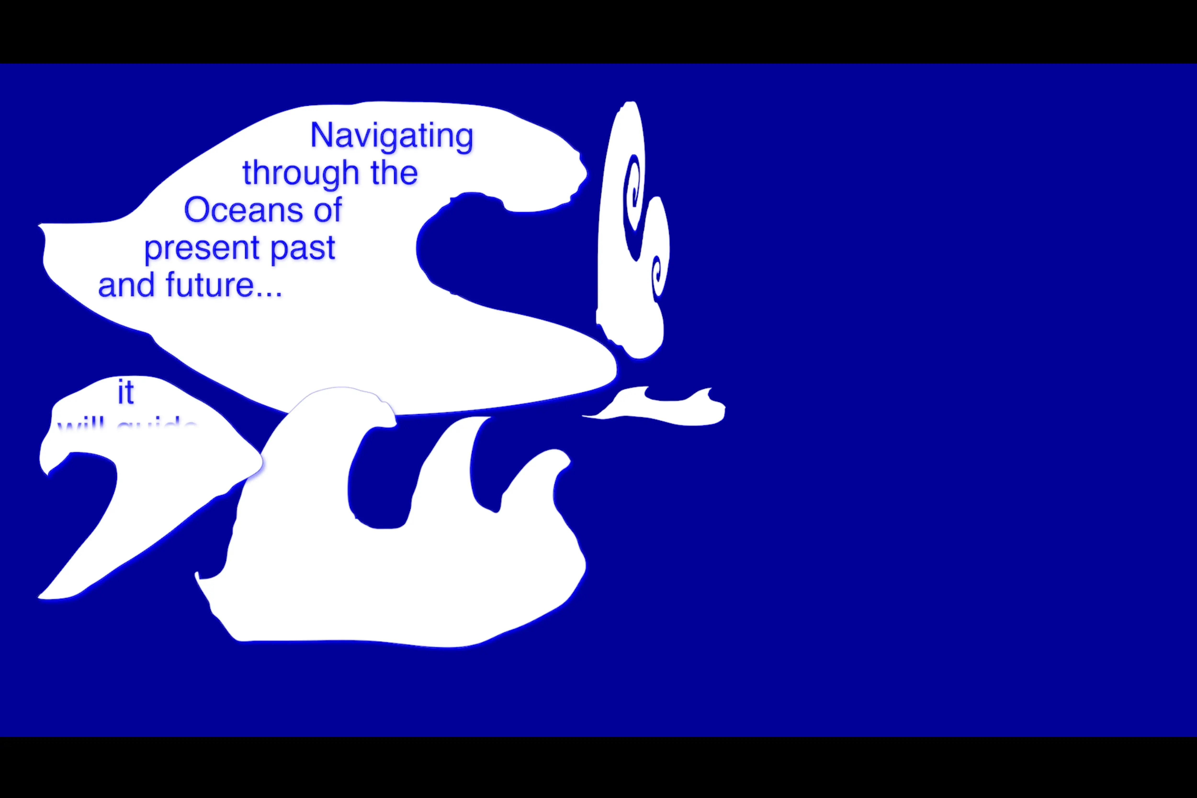 On a dark blue background are white, roughly drawn shapes of different sizes resembling different interpretations of waves. On the wave in the top-left, blue text reads: navigating through the Oceans of present past and future...