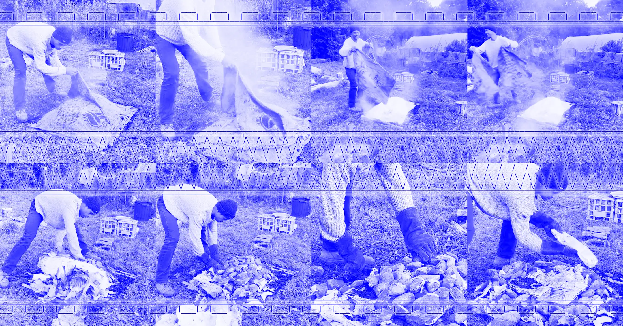 Two rows of four blue, two-tone stills from a video of the deconstruction of an umu. A Sāmoan man in a beanie, jumper, jeans and boots takes off layers of burlap sacks which release a lot of steam, followed by a layer of baking paper, and then rocks are removed from the top of foil wrapped food.
