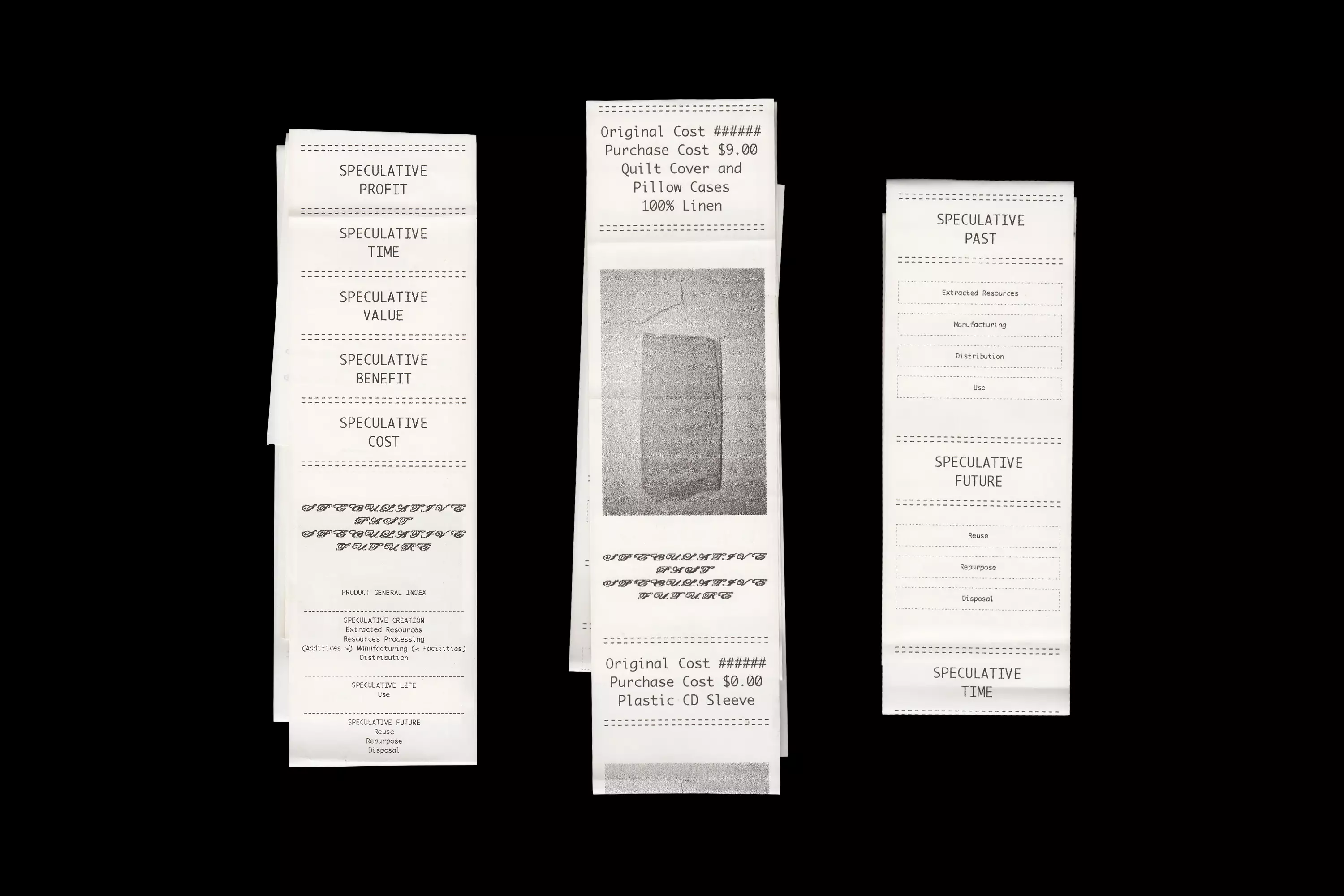 Three receipts against a black background depicting clothing life cycle research.