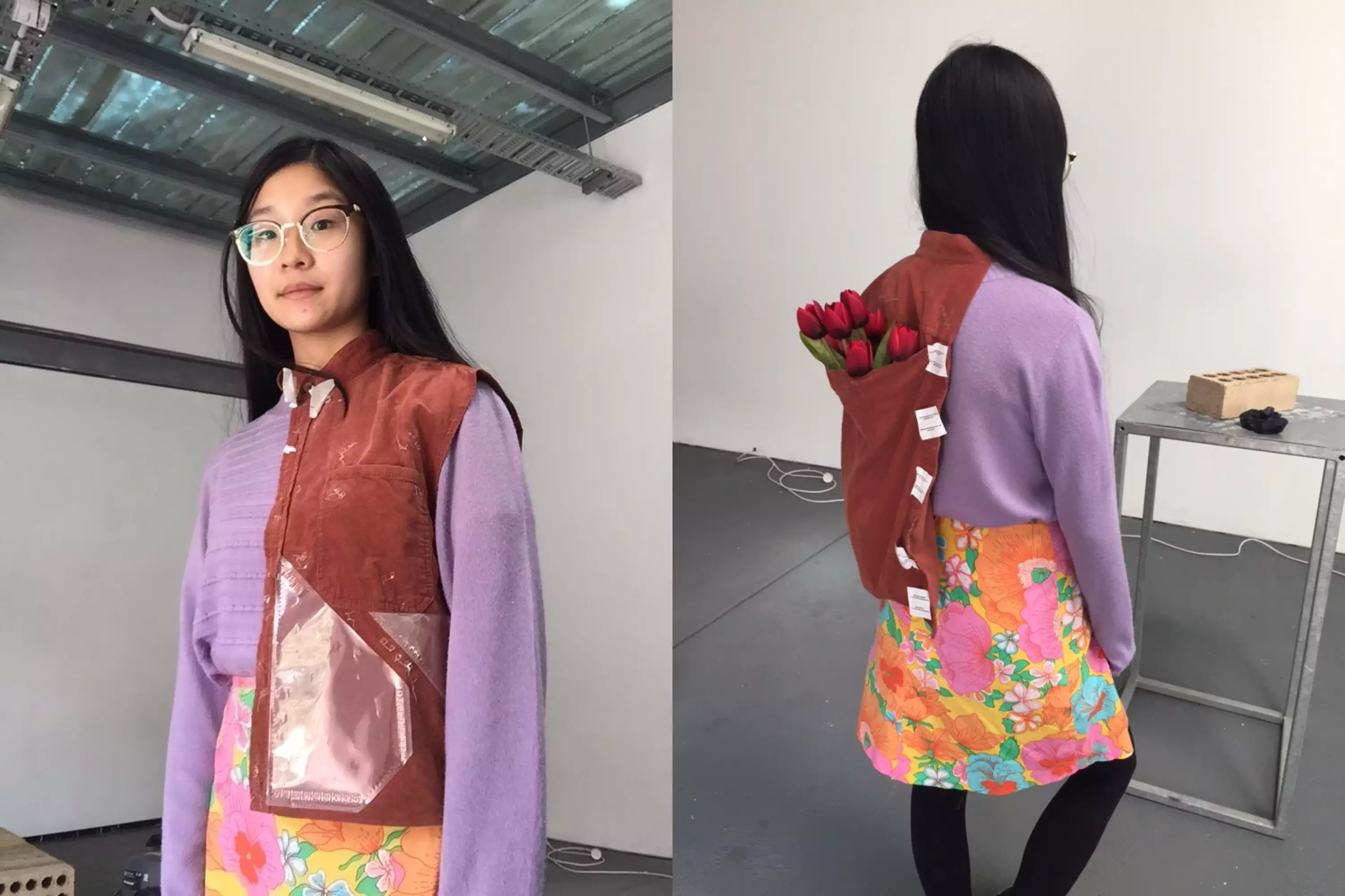 Front and back view of a woman trying out an experimental vest / bag.